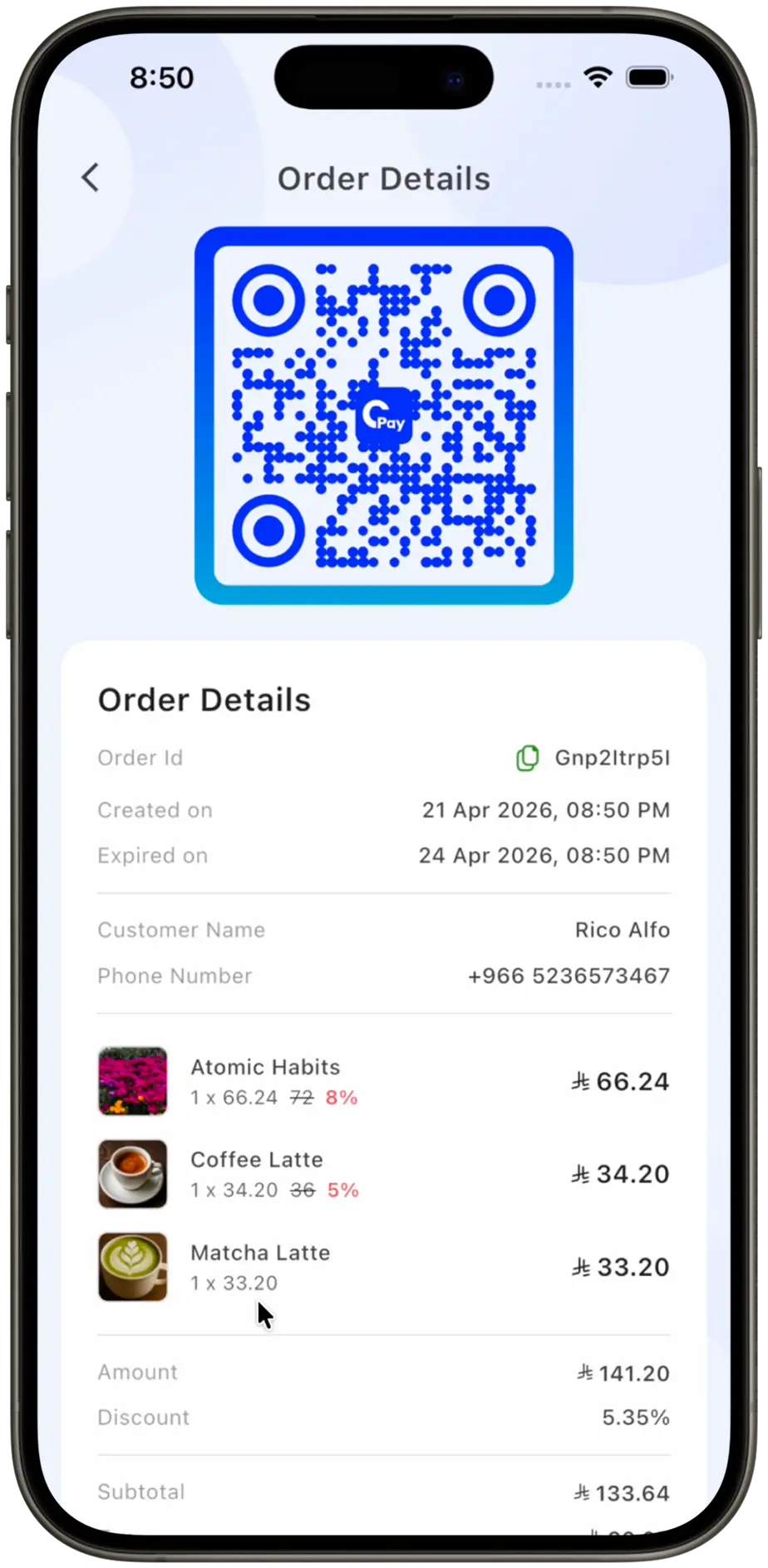 CPay mobile order details preview